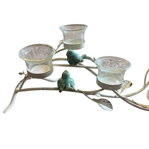 Metal Branch Centerpiece Candle Holder Blue Birds White Patina Whimsical Cottage - Picture 7 of 8